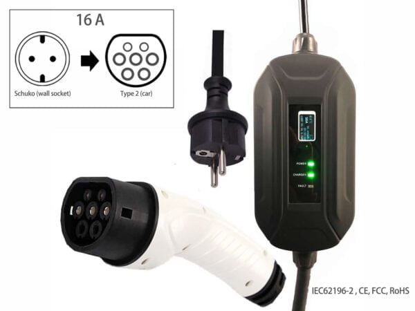 Schuko to Type 2 Portable EV charger_16A_Single phase_Schuko plug to Type 2 male plug to car_5m_Fisher