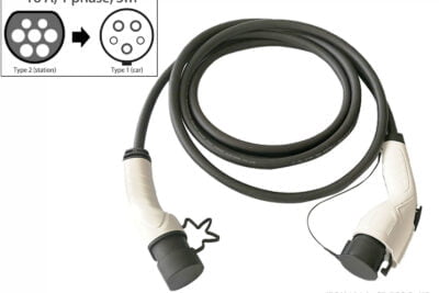Type 2 to Type 1 EV charging cable_16A_Single phase_Type 2 male plug to charging station to Type 1 male plug to car_5m_Fisher