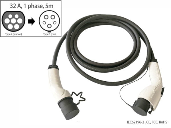 Type 2 to Type 1 EV charging cable_32A_Single phase_Type 2 male plug to charging station to Type 1 male plug to car_5m_Fisher