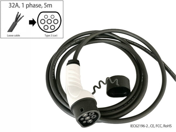 Loose Cable toType 2 EV charging cable_32A_single phase_3x6 mm2 + 2x0,5 mm2 loose cable to Type 2 male plug to car_5m_Fisher