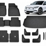 Ford Mustang Mach-E: Complete Protection Pack showing floor and boot mats, two seatback protector mats, four mud flaps and four door-edge guards.