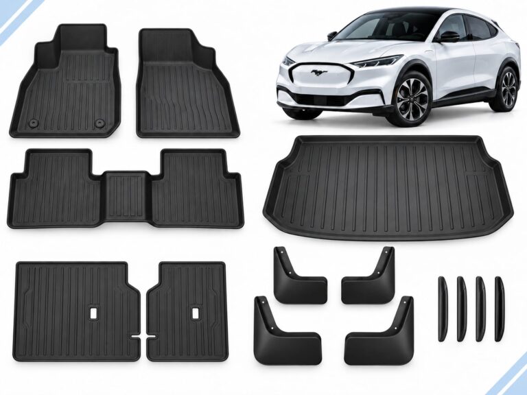 Ford Mustang Mach-E: Complete Protection Pack showing floor and boot mats, two seatback protector mats, four mud flaps and four door-edge guards.