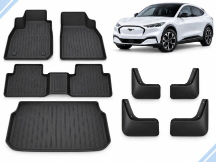 Ford Mustang Mach-E: Essential Protection Pack showing floor and boot mats with four mud flaps.