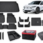 Ford Mustang Mach-E: New Owner Ultimate Pack showing floor, boot and seatback mats, mud flaps, door-edge guards, console organizer, folding storage box and drying towel.