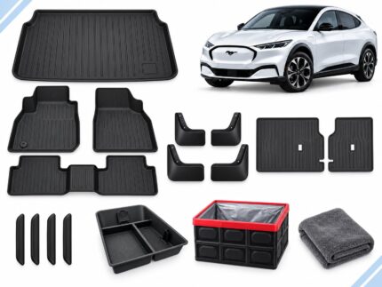 Ford Mustang Mach-E: New Owner Ultimate Pack showing floor, boot and seatback mats, mud flaps, door-edge guards, console organizer, folding storage box and drying towel.
