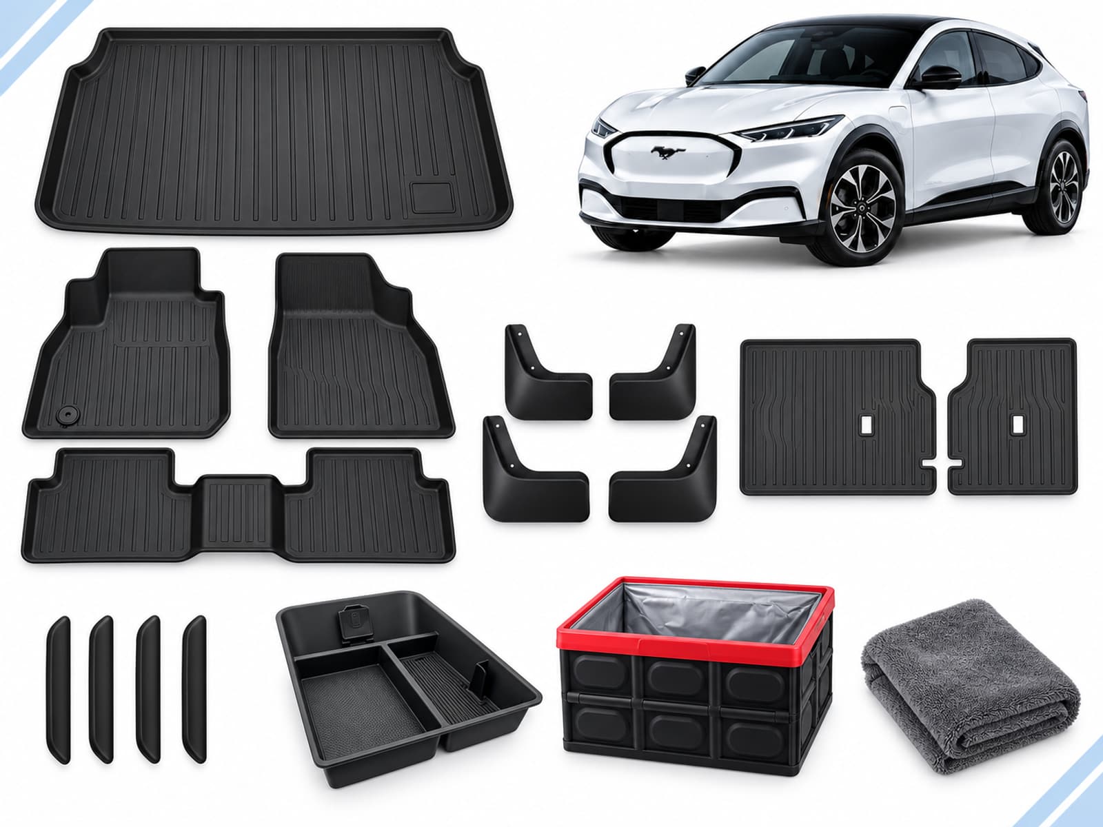 Ford Mustang Mach-E: New Owner Ultimate Pack Ford Mustang Mach-E: New Owner Ultimate Pack showing floor, boot and seatback mats, mud flaps, door-edge guards, console organizer, folding storage box and drying towel.