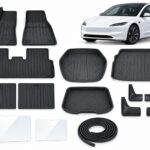 Model 3 Highland: Complete Protection Pack showing floor, frunk, trunk and lower-compartment mats, seatback protection, mud flaps, two screen protectors and seal strips.
