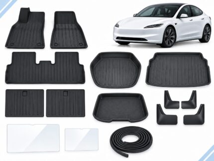 Model 3 Highland: Complete Protection Pack showing floor, frunk, trunk and lower-compartment mats, seatback protection, mud flaps, two screen protectors and seal strips.