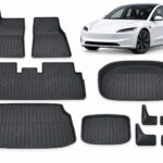 Model 3 Highland: Essential Protection Pack showing floor, frunk, trunk and lower-compartment mats with mud flaps.