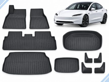 Model 3 Highland: Essential Protection Pack showing floor, frunk, trunk and lower-compartment mats with mud flaps.