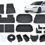 Model 3 Highland: New Owner Ultimate Pack showing floor and cargo mats, seatback protection, mud flaps, screen protectors, seal strips and interior organizers.