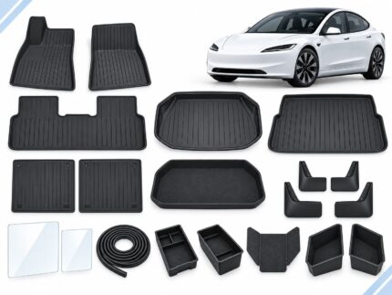 Model 3 Highland: New Owner Ultimate Pack showing floor and cargo mats, seatback protection, mud flaps, screen protectors, seal strips and interior organizers.