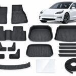 Model 3 Pre-Facelift: Complete Protection Pack showing floor and cargo mats, mud flaps, door and boot sill guards, screen protector and seal strips.