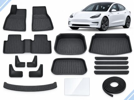 Model 3 Pre-Facelift: Complete Protection Pack showing floor and cargo mats, mud flaps, door and boot sill guards, screen protector and seal strips.