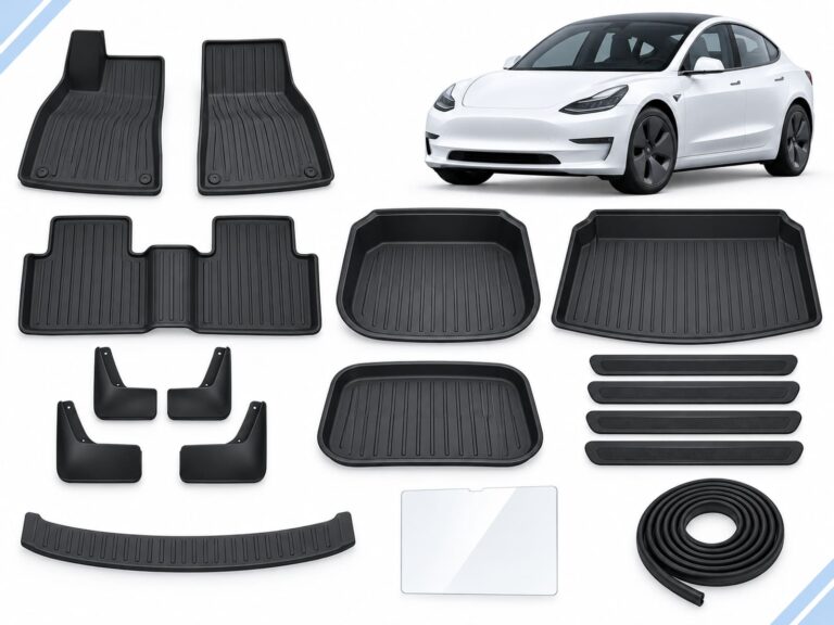 Model 3 Pre-Facelift: Complete Protection Pack showing floor and cargo mats, mud flaps, door and boot sill guards, screen protector and seal strips.