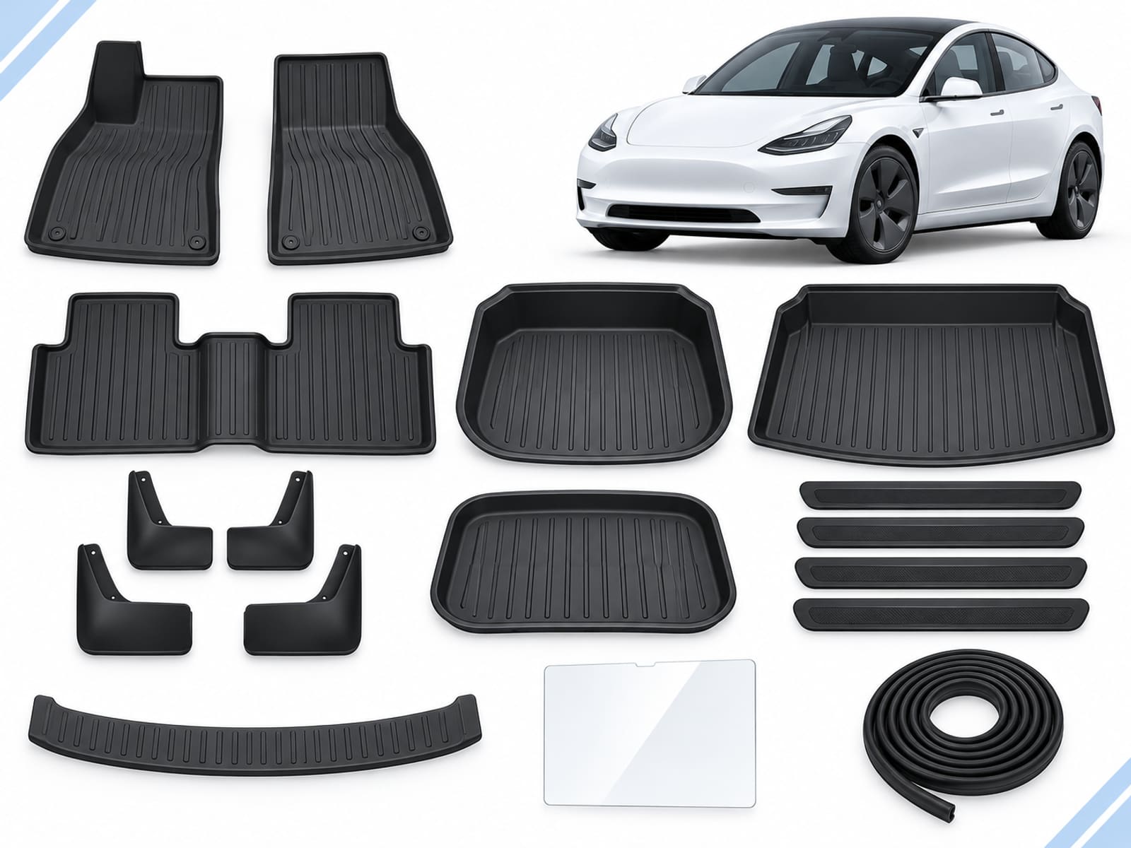 Model 3 Pre-Facelift: Complete Protection Pack showing floor and cargo mats, mud flaps, door and boot sill guards, screen protector and seal strips.