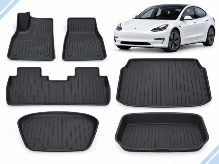 Model 3 Pre-Facelift: Essential Protection Pack showing floor, frunk, trunk and lower-compartment mats.