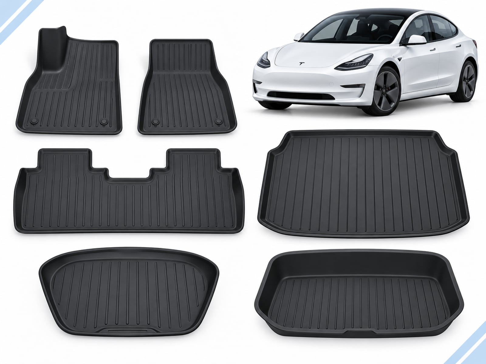 Model 3 Pre-Facelift: Essential Protection Pack showing floor, frunk, trunk and lower-compartment mats.