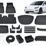 Model 3 Pre-Facelift: New Owner Ultimate Pack showing floor and cargo mats, mud flaps, sill guards, screen protector, seal strips, organizers and dashboard cover.