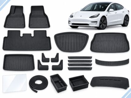 Model 3 Pre-Facelift: New Owner Ultimate Pack showing floor and cargo mats, mud flaps, sill guards, screen protector, seal strips, organizers and dashboard cover.