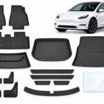 Model Y: Complete Protection Pack showing floor and cargo mats, four mud flaps, door and boot sill protectors and screen protector.