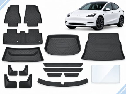 Model Y: Complete Protection Pack showing floor and cargo mats, four mud flaps, door and boot sill protectors and screen protector.