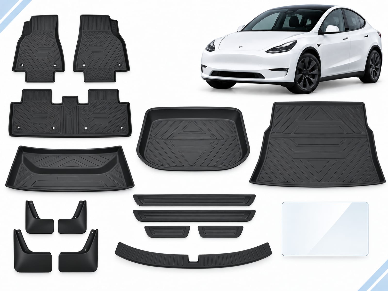 Model Y: Complete Protection Pack Model Y: Complete Protection Pack showing floor and cargo mats, four mud flaps, door and boot sill protectors and screen protector.