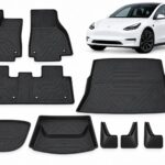 Model Y: Essential Protection Pack showing floor, frunk, trunk and lower-compartment mats with four mud flaps.