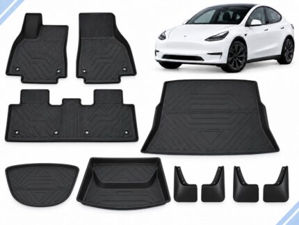Model Y: Essential Protection Pack showing floor, frunk, trunk and lower-compartment mats with four mud flaps.