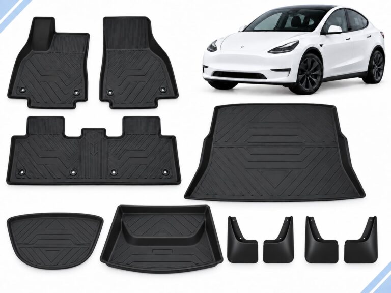 Model Y: Essential Protection Pack showing floor, frunk, trunk and lower-compartment mats with four mud flaps.