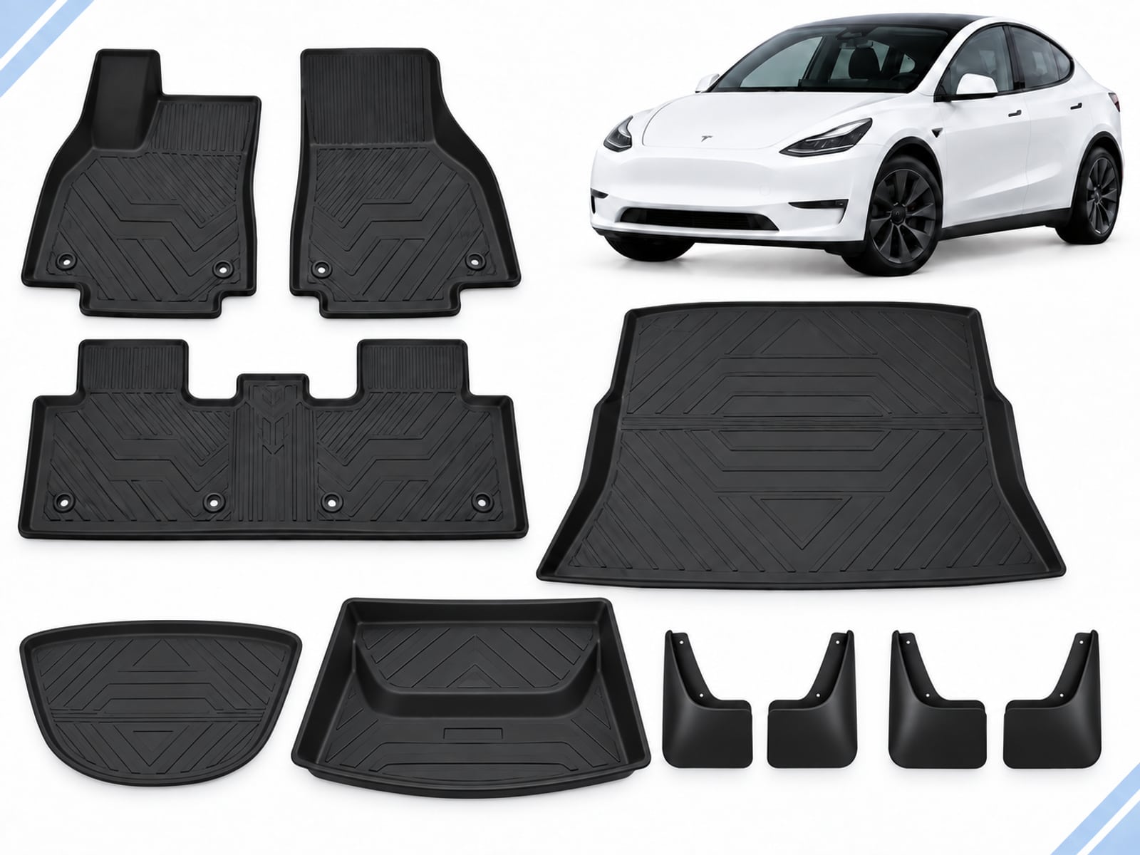 Model Y: Essential Protection Pack Model Y: Essential Protection Pack showing floor, frunk, trunk and lower-compartment mats with four mud flaps.
