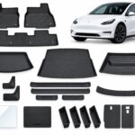 Model Y: New Owner Ultimate Pack showing floor and cargo mats, mud flaps, sill and screen protection, armrest and door organizers and seatback mats.