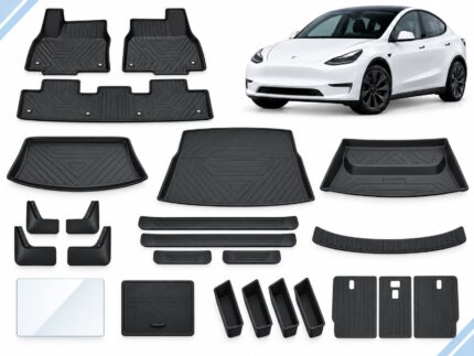 Model Y: New Owner Ultimate Pack showing floor and cargo mats, mud flaps, sill and screen protection, armrest and door organizers and seatback mats.