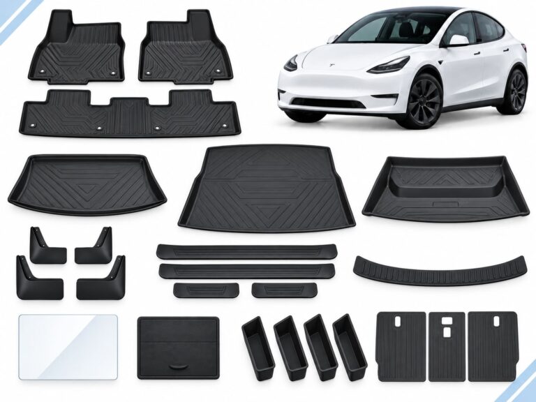 Model Y: New Owner Ultimate Pack showing floor and cargo mats, mud flaps, sill and screen protection, armrest and door organizers and seatback mats.