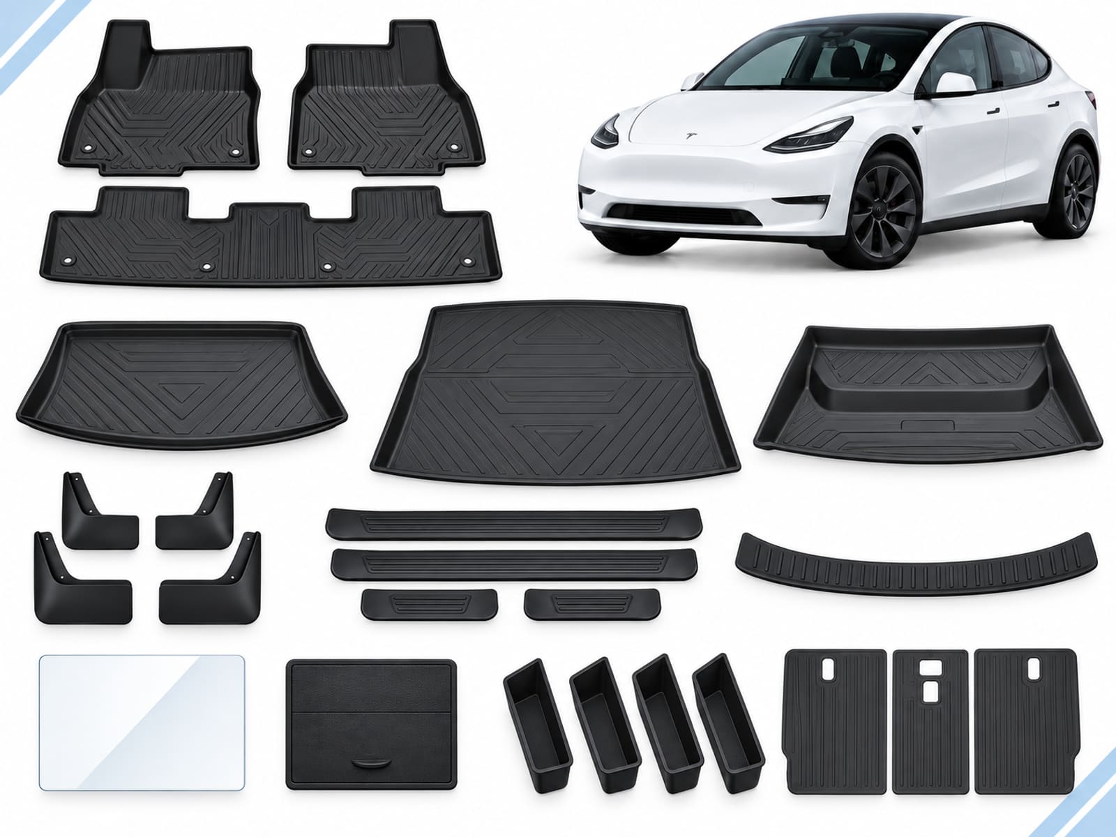 Model Y: New Owner Ultimate Pack Model Y: New Owner Ultimate Pack showing floor and cargo mats, mud flaps, sill and screen protection, armrest and door organizers and seatback mats.