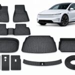 Model Y Juniper: Complete Protection Pack showing floor and cargo mats, three seatback protector mats, boot sill guard and seal strips.