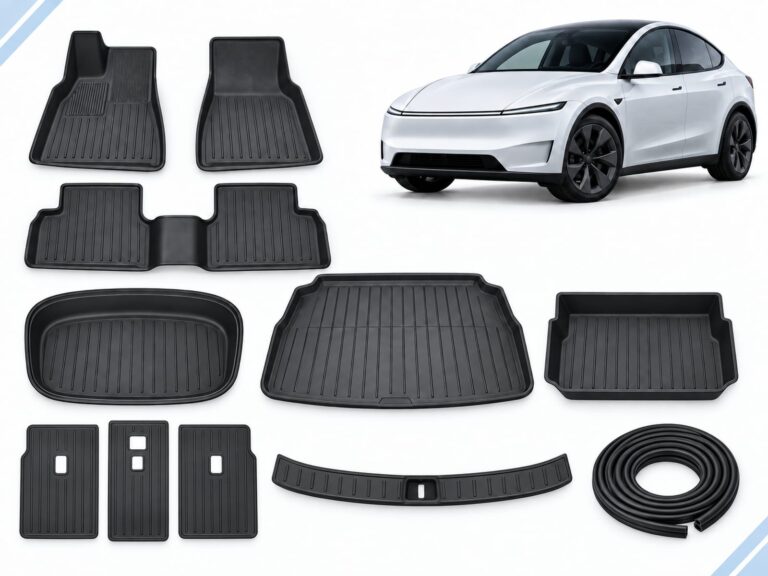 Model Y Juniper: Complete Protection Pack showing floor and cargo mats, three seatback protector mats, boot sill guard and seal strips.