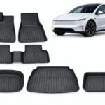 Model Y Juniper: Essential Protection Pack showing floor, frunk, trunk and lower-compartment mats.