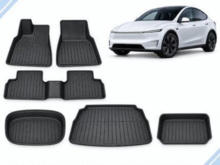 Model Y Juniper: Essential Protection Pack showing floor, frunk, trunk and lower-compartment mats.