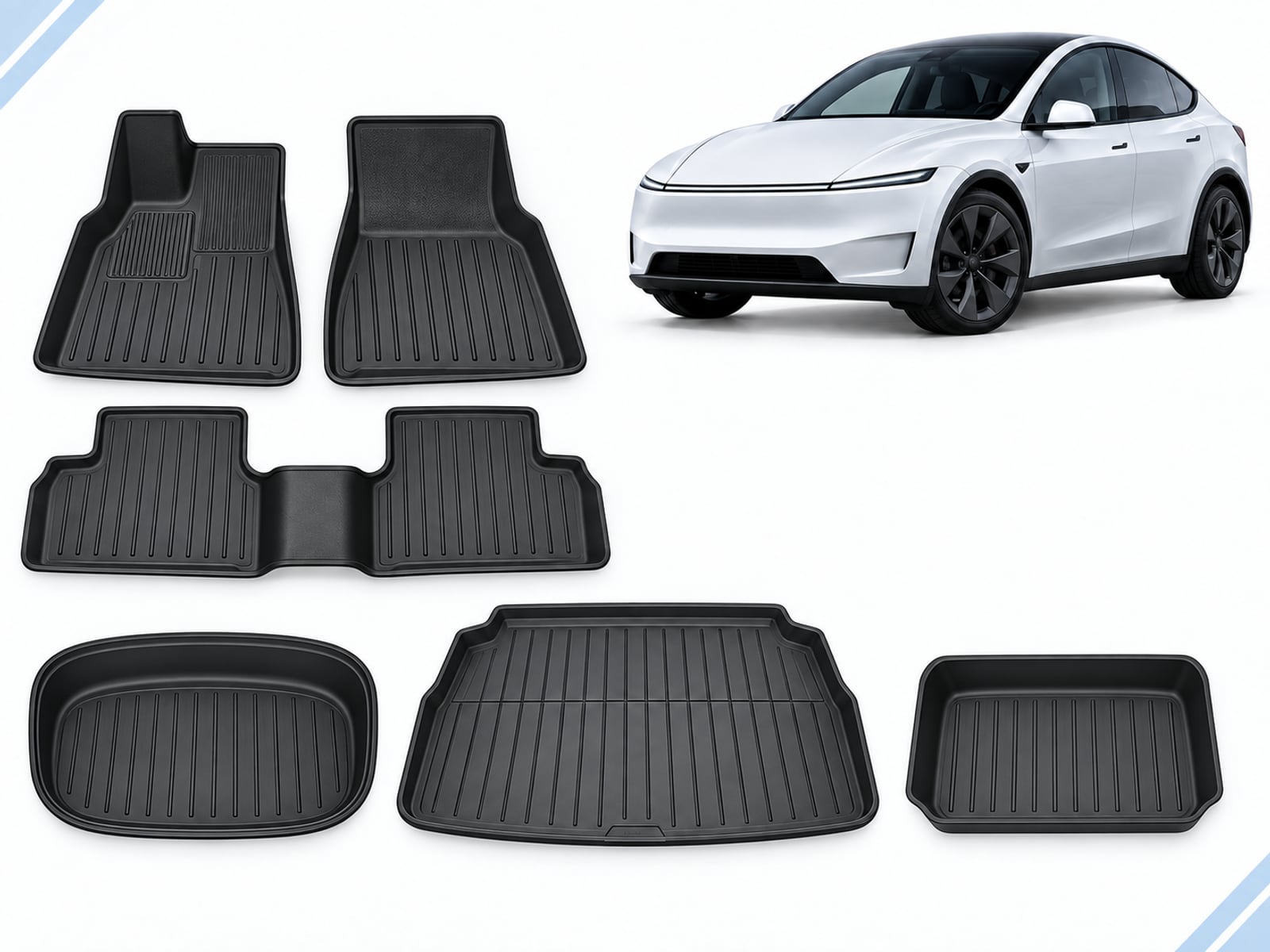 Model Y Juniper: Essential Protection Pack showing floor, frunk, trunk and lower-compartment mats.