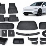 Model Y Juniper: New Owner Ultimate Pack showing floor and cargo mats, seatback protectors, boot sill guard, seal strips, console trays and door-pocket organizers.