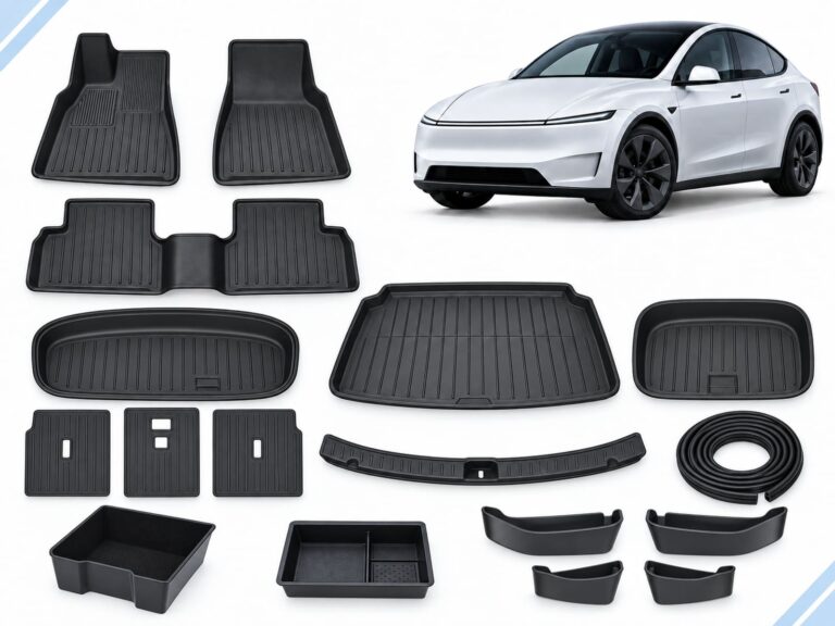 Model Y Juniper: New Owner Ultimate Pack showing floor and cargo mats, seatback protectors, boot sill guard, seal strips, console trays and door-pocket organizers.