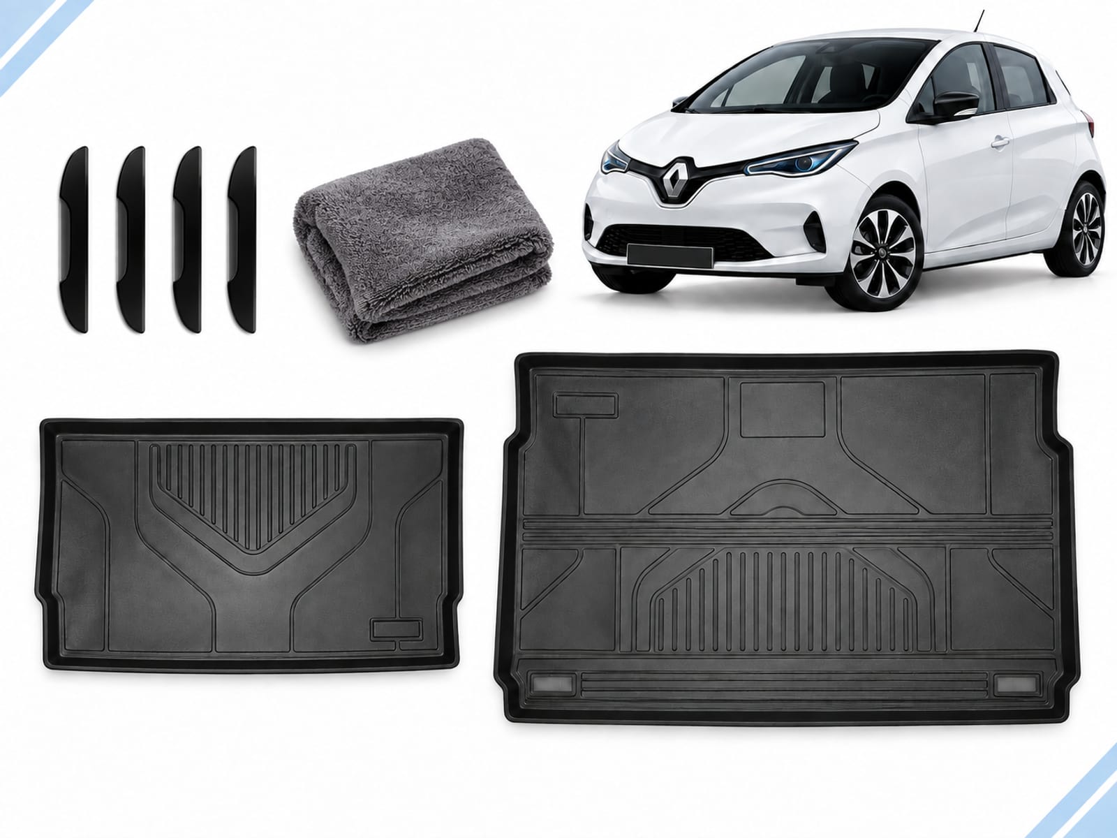 Renault Zoe: Complete Protection Pack Renault Zoe: Complete Protection Pack showing upper and lower boot mats, four door-edge guards and drying towel.