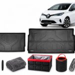 Renault Zoe: New Owner Ultimate Pack showing two boot mats, door-edge guards, drying towel, folding storage box, trash can and wheel brushes.
