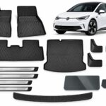 VW ID.3: Complete Protection Pack showing floor and boot mats, mud flaps, four door sill guards, boot sill guard and two screen protectors.