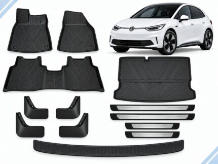 VW ID.3: Essential Protection Pack showing floor and boot mats, mud flaps, four door sill guards and boot sill guard.