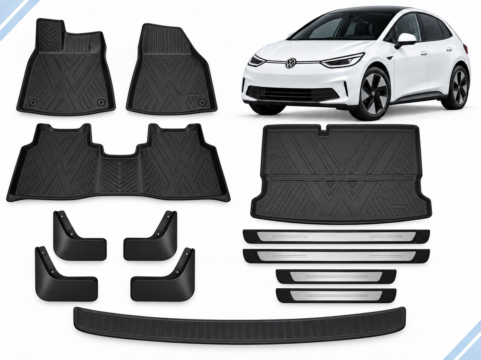 VW ID.3: Essential Protection Pack showing floor and boot mats, mud flaps, four door sill guards and boot sill guard.