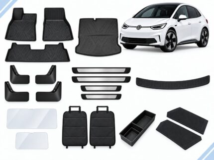 VW ID.3: New Owner Ultimate Pack showing floor and boot mats, mud flaps, sill and screen protection, front seatback covers, console tray and boot side barriers.
