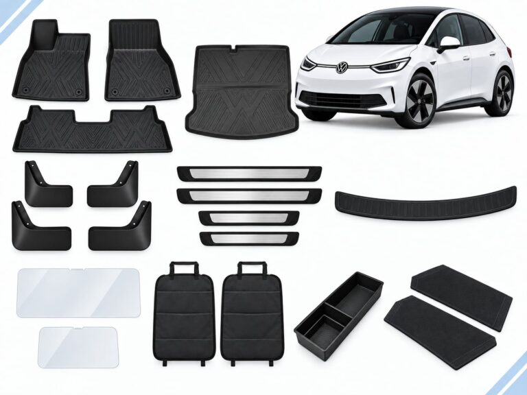 VW ID.3: New Owner Ultimate Pack showing floor and boot mats, mud flaps, sill and screen protection, front seatback covers, console tray and boot side barriers.
