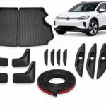VW ID.4: Complete Protection Pack showing boot liner, four mud flaps, door-edge guards, four interior door-handle covers and seal strips.
